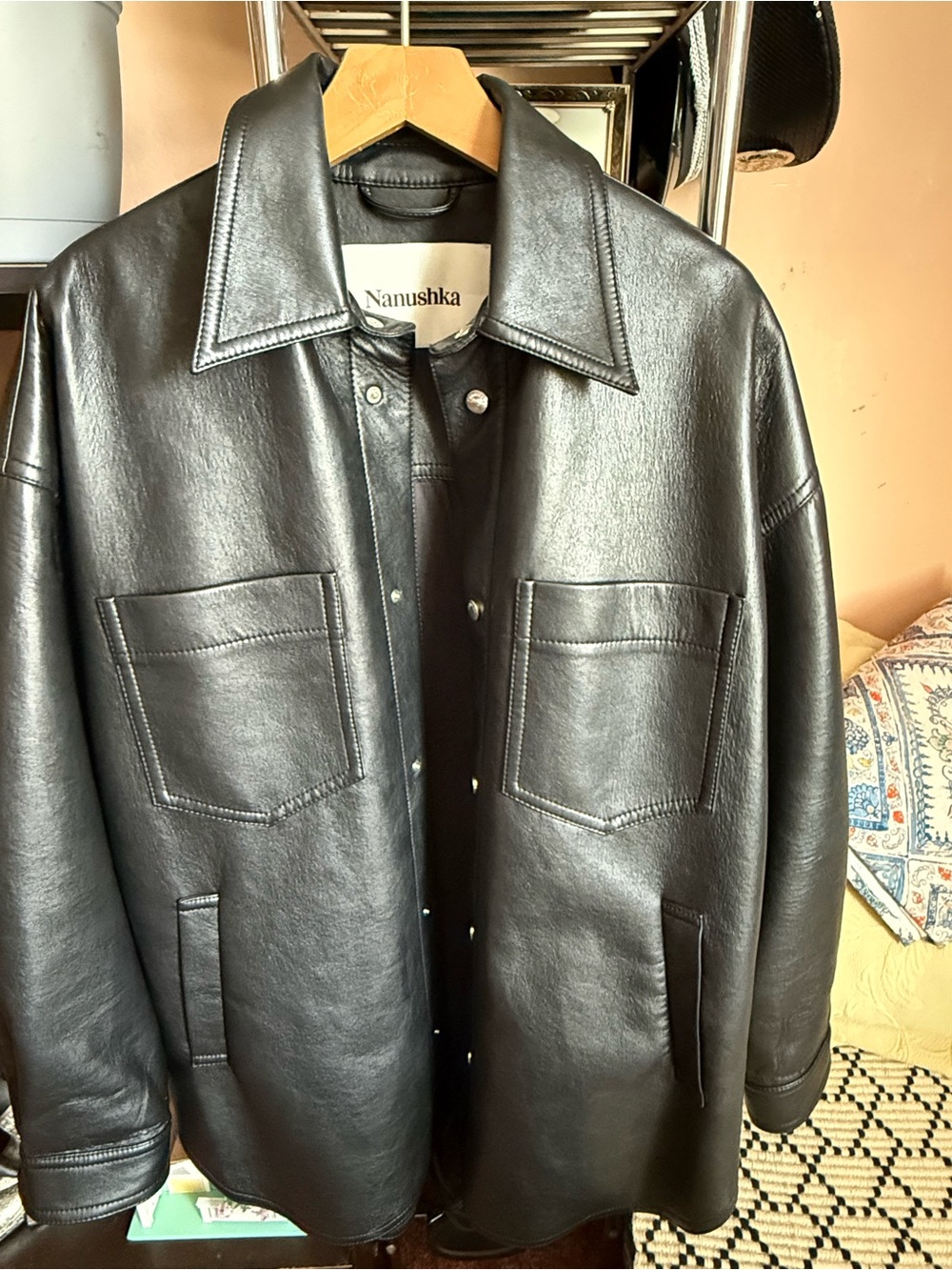 Nanushka Black Leather Shirt Jacket